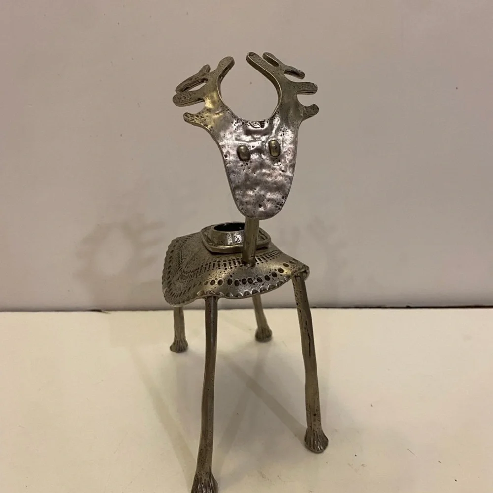 Metal Reindeer Candle Holder engraved handcrafted 8 inches MCM
